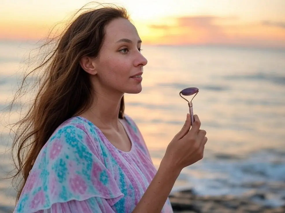 Femme tenant un roller gua sha améthyste face à la mer